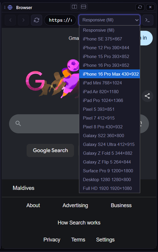 Crundi embedded browser with device emulation dropdown