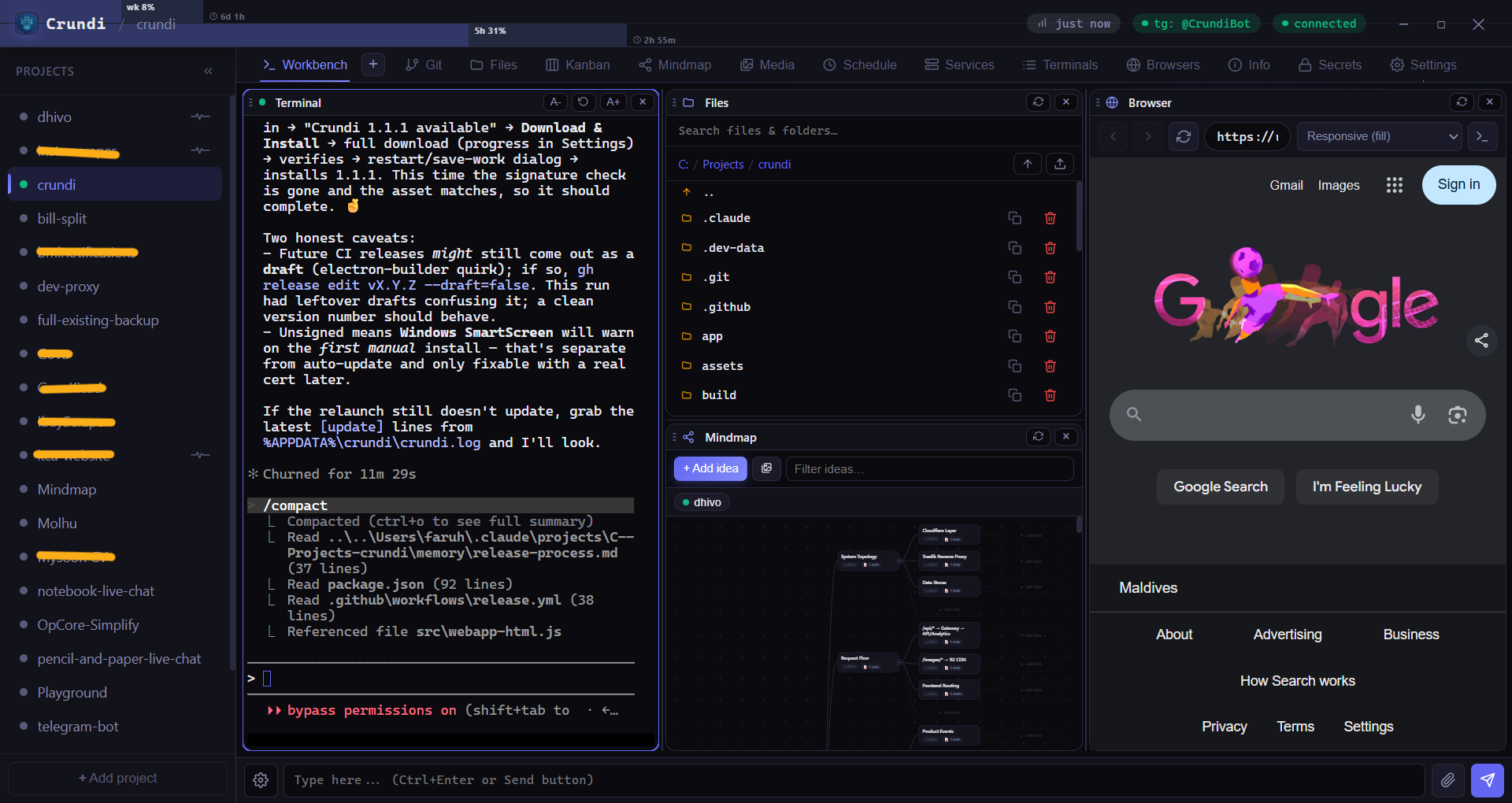 Crundi workbench with agent terminal, files and live browser preview